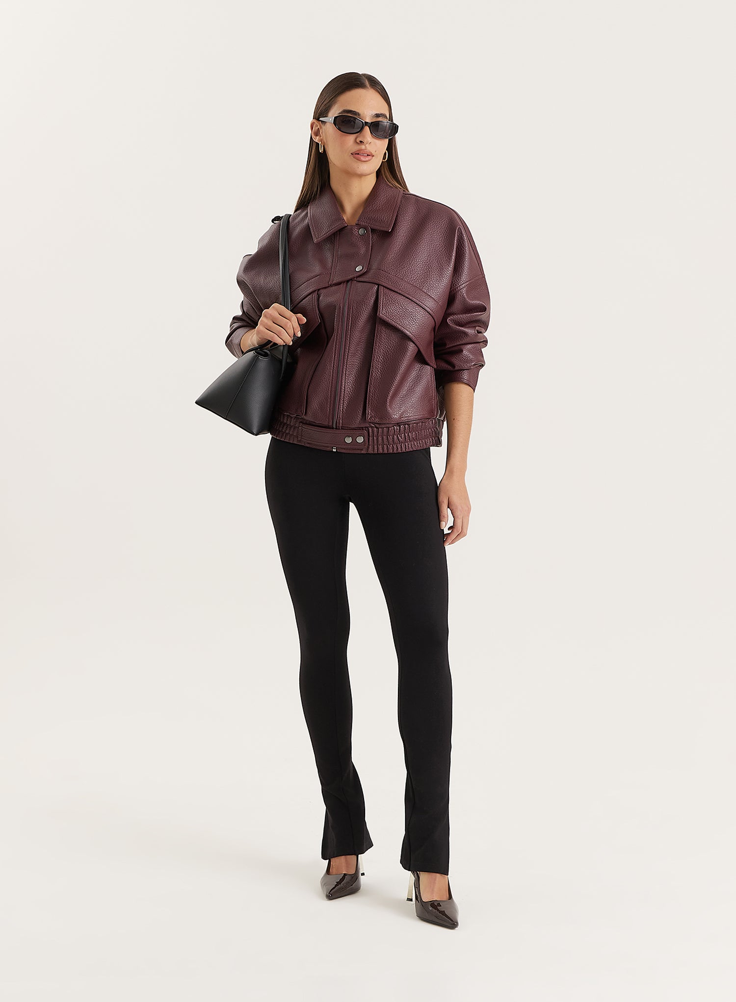 Burgundy Textured Faux Leather Cropped Jacket